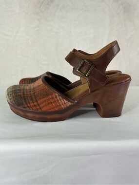 Born Women's Brown Leather & Orange Plaid Clog Heels